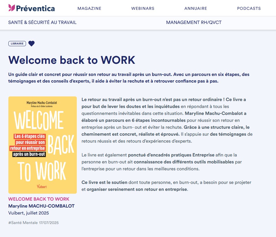 Article Preventica Livre Welcome back to work