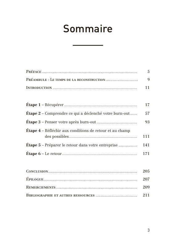 Sommaire livre Welcome back to work, les 6 étapes clés pour réussir son retour en entreprise après un burn-out